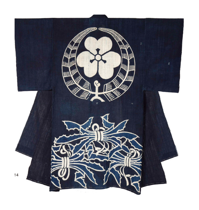 綿地監家紋に束ね畏斗柄筒描夜着