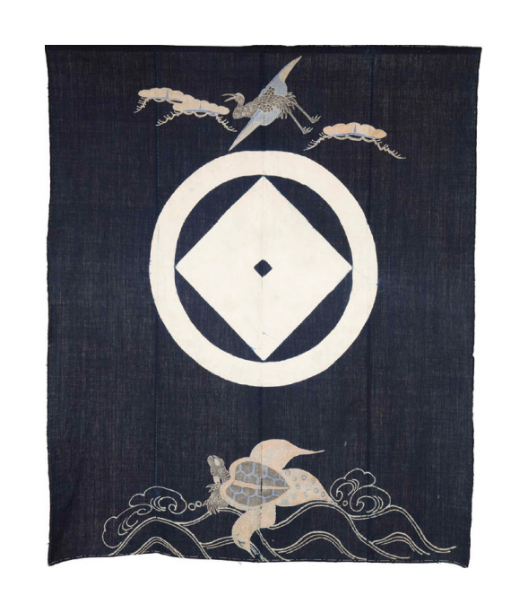 綿地藍枡文に鶴亀筒描夜具地