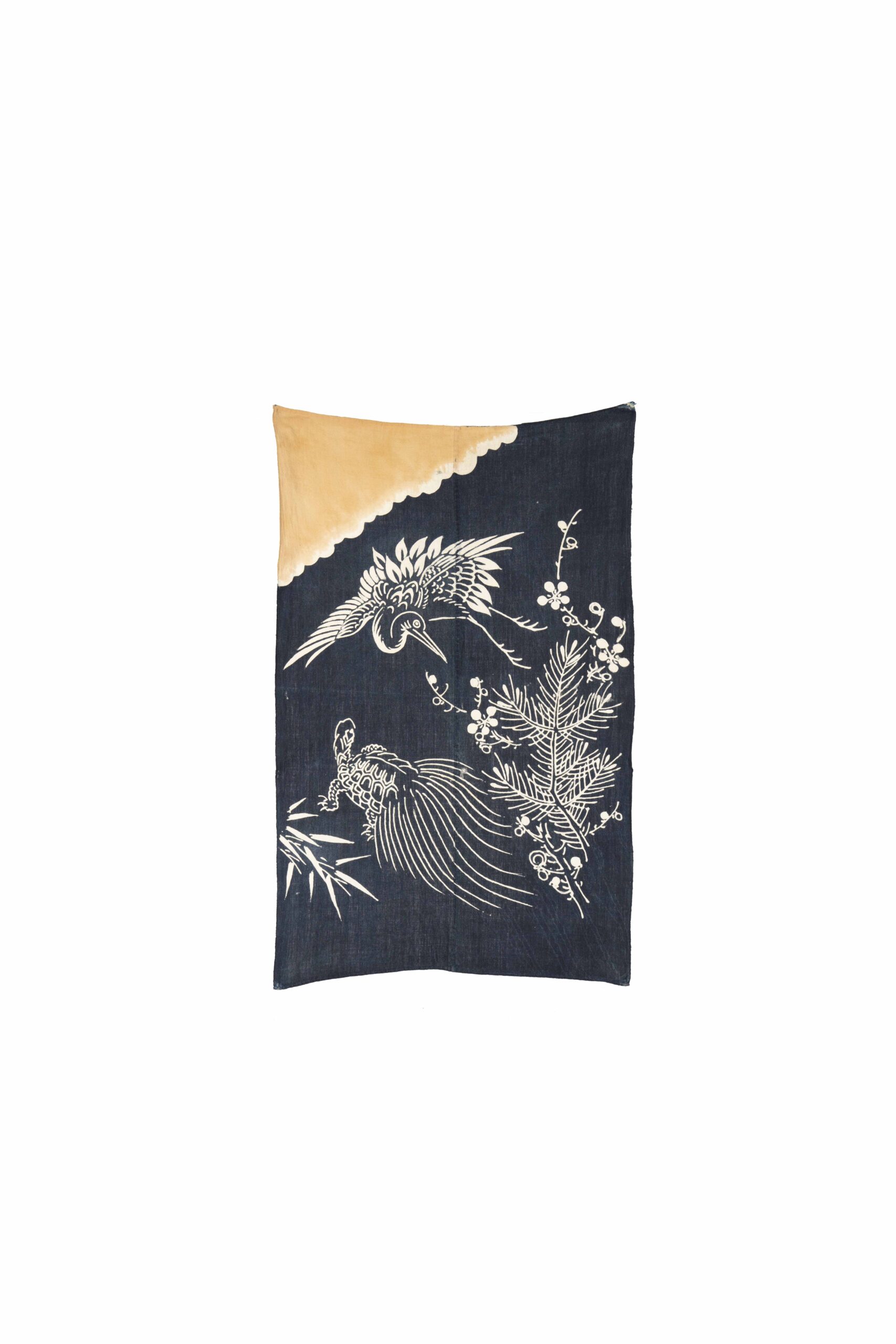 綿地藍鶴亀松竹梅柄筒描湯上げ